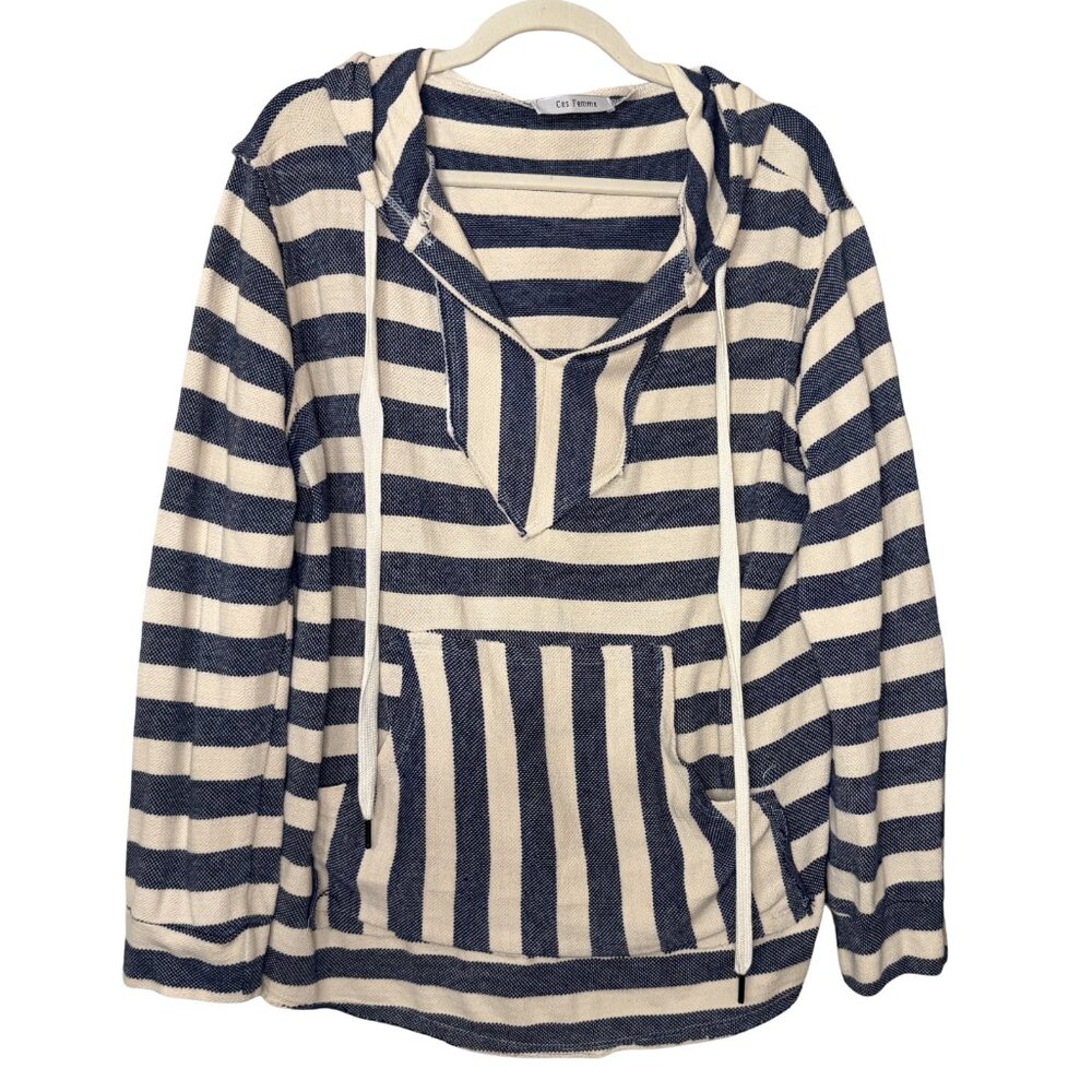 Ces Femme Navy White Striped Baja Hoodie Pullover Kangaroo Pocket - Size M